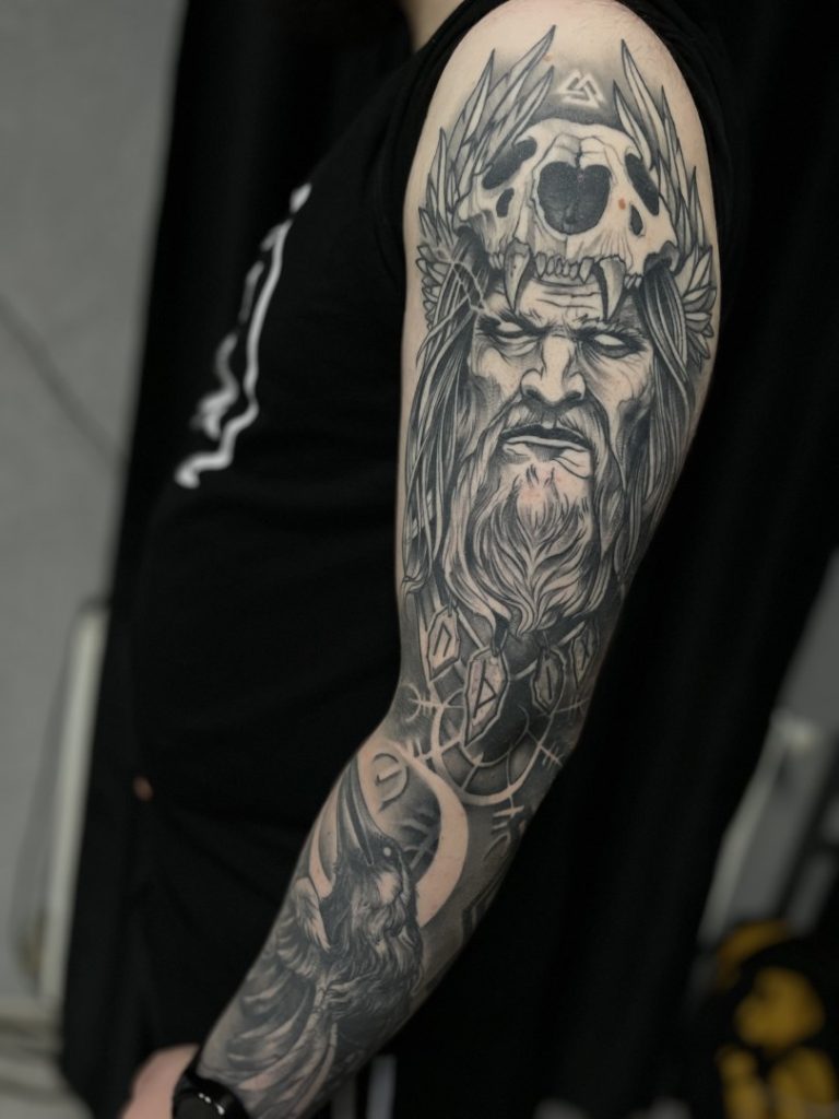 A tribal masterpiece featuring a courageous man intertwined with the skeletal essence of the wild